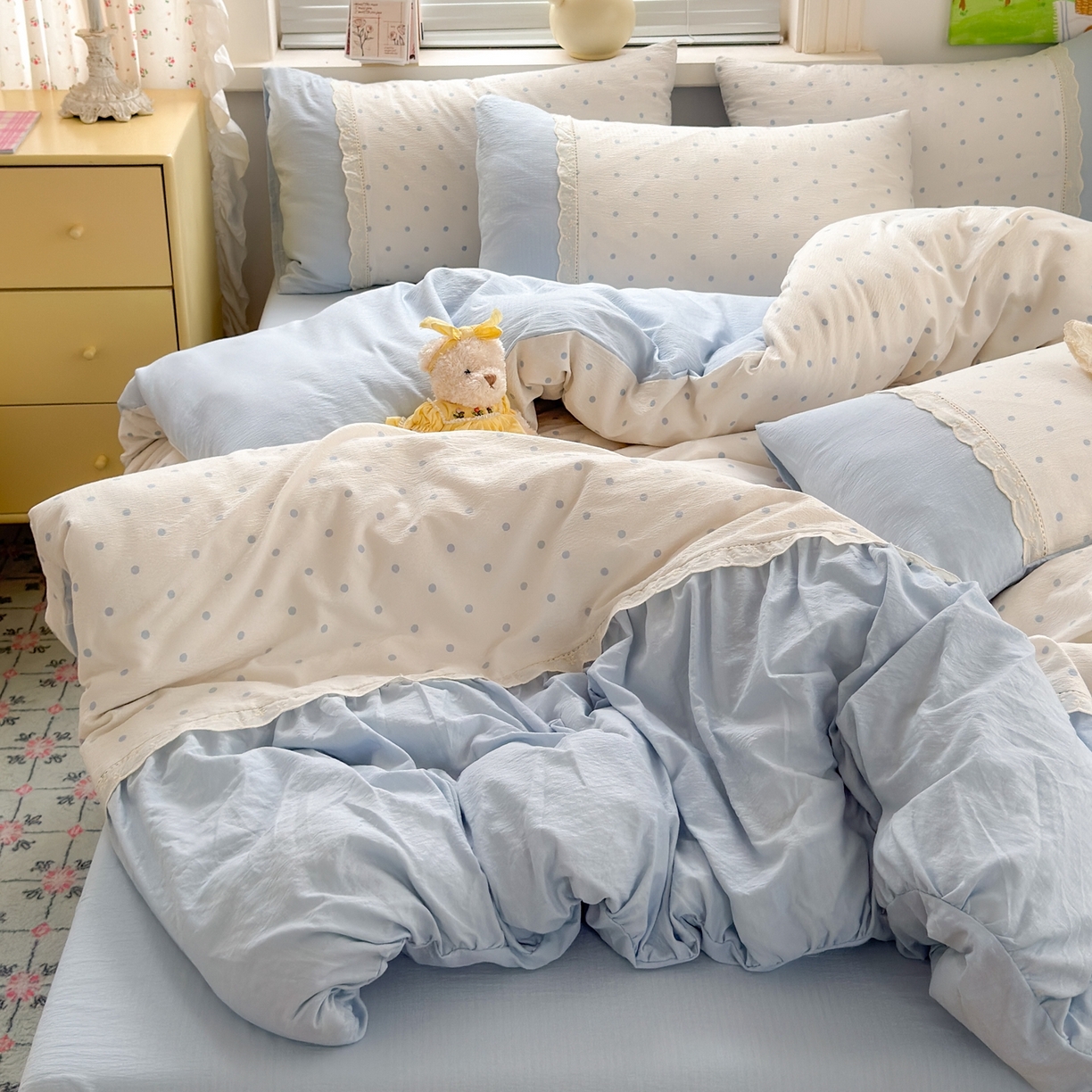 91家纺网 家纺一手货源 找家纺 典雅家纺 2025新款A类超柔双层纱四件套花边工艺款四件套 海盐气泡