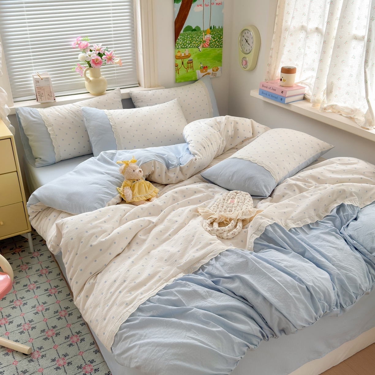 91家纺网 家纺一手货源 找家纺 典雅家纺 2025新款A类超柔双层纱四件套花边工艺款四件套 海盐气泡