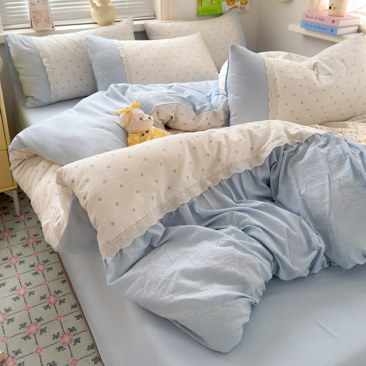 91家纺网 家纺一手货源 找家纺 典雅家纺 2025新款A类超柔双层纱四件套花边工艺款四件套 海盐气泡