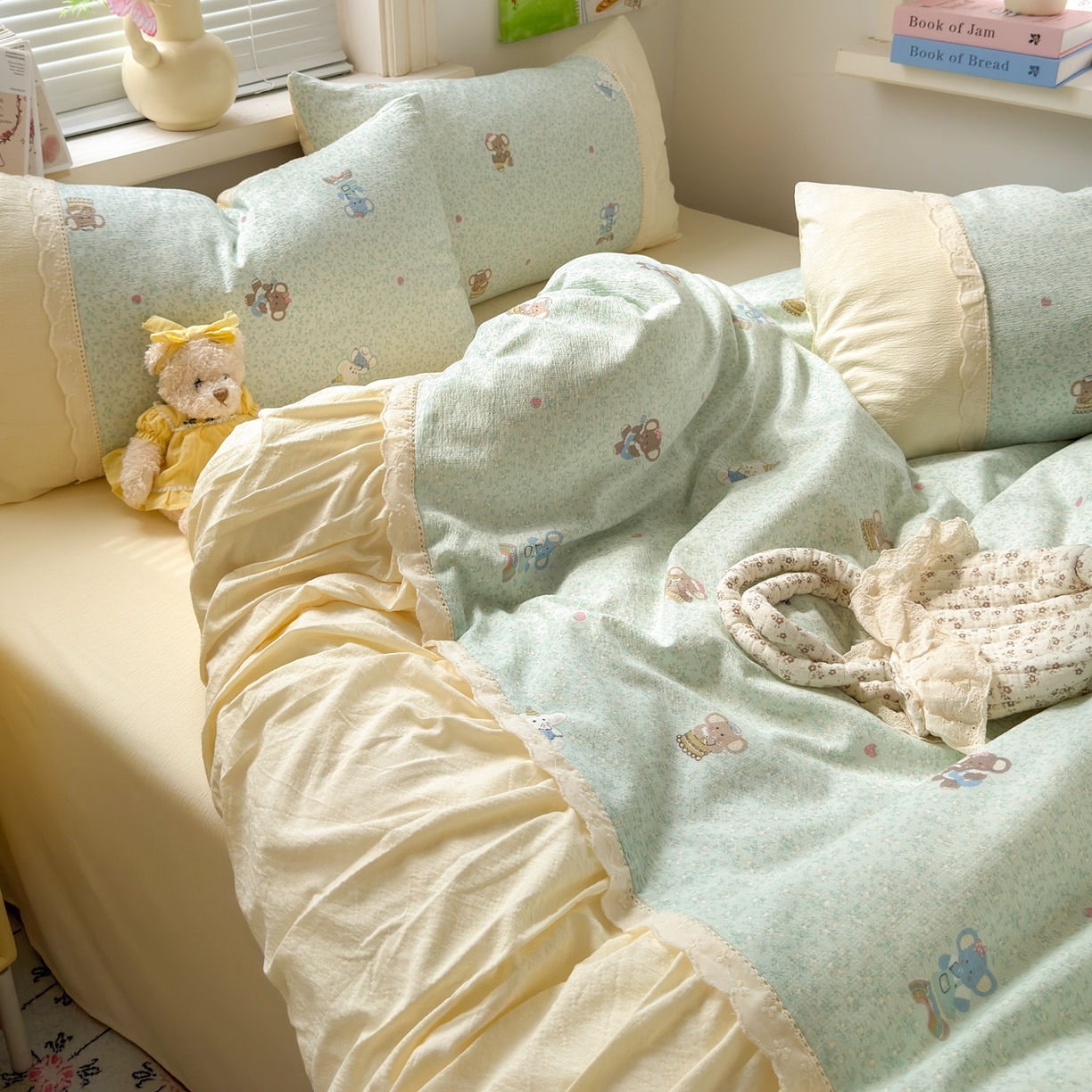 91家纺网 家纺一手货源 找家纺 典雅家纺 2025新款A类超柔双层纱四件套花边工艺款四件套 快乐小象