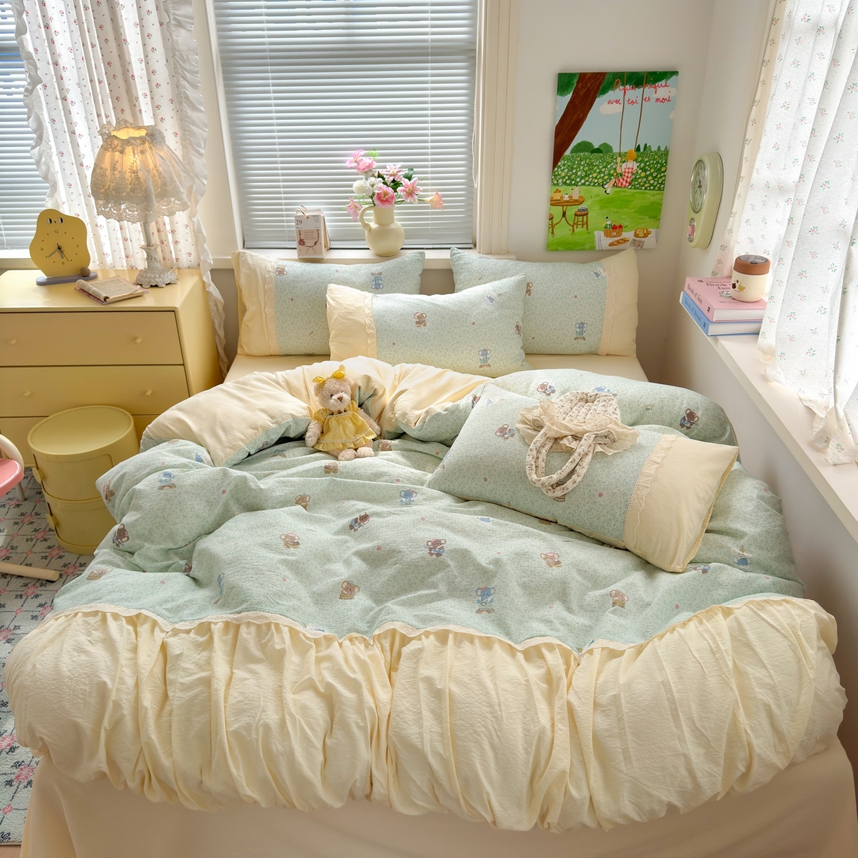 91家纺网 家纺一手货源 找家纺 典雅家纺 2025新款A类超柔双层纱四件套花边工艺款四件套 快乐小象