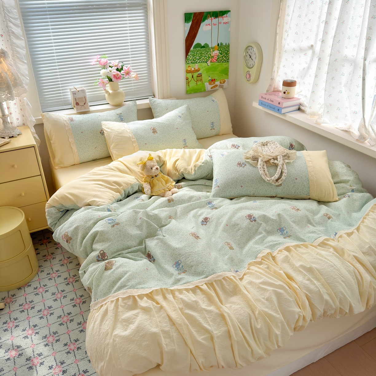 91家纺网 家纺一手货源 找家纺 典雅家纺 2025新款A类超柔双层纱四件套花边工艺款四件套 快乐小象