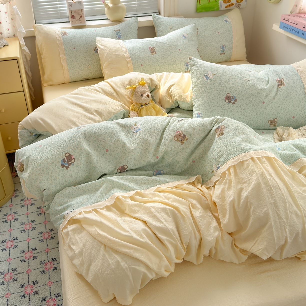 91家纺网 家纺一手货源 找家纺 典雅家纺 2025新款A类超柔双层纱四件套花边工艺款四件套 快乐小象