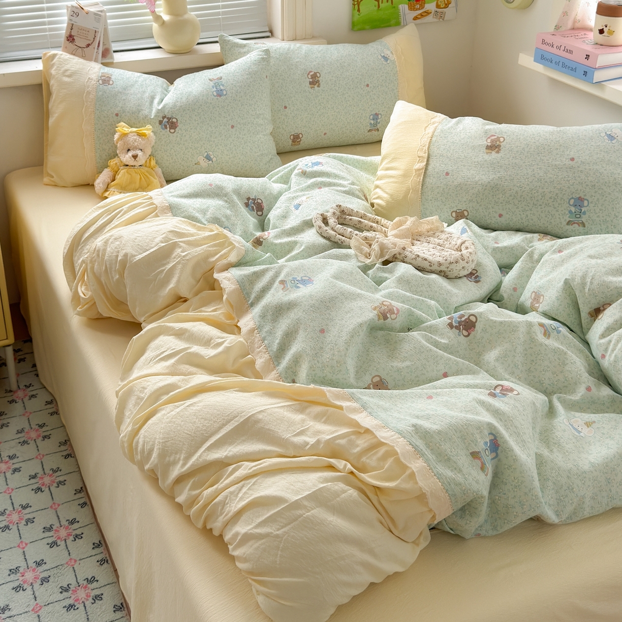 91家纺网 家纺一手货源 找家纺 典雅家纺 2025新款A类超柔双层纱四件套花边工艺款四件套 快乐小象