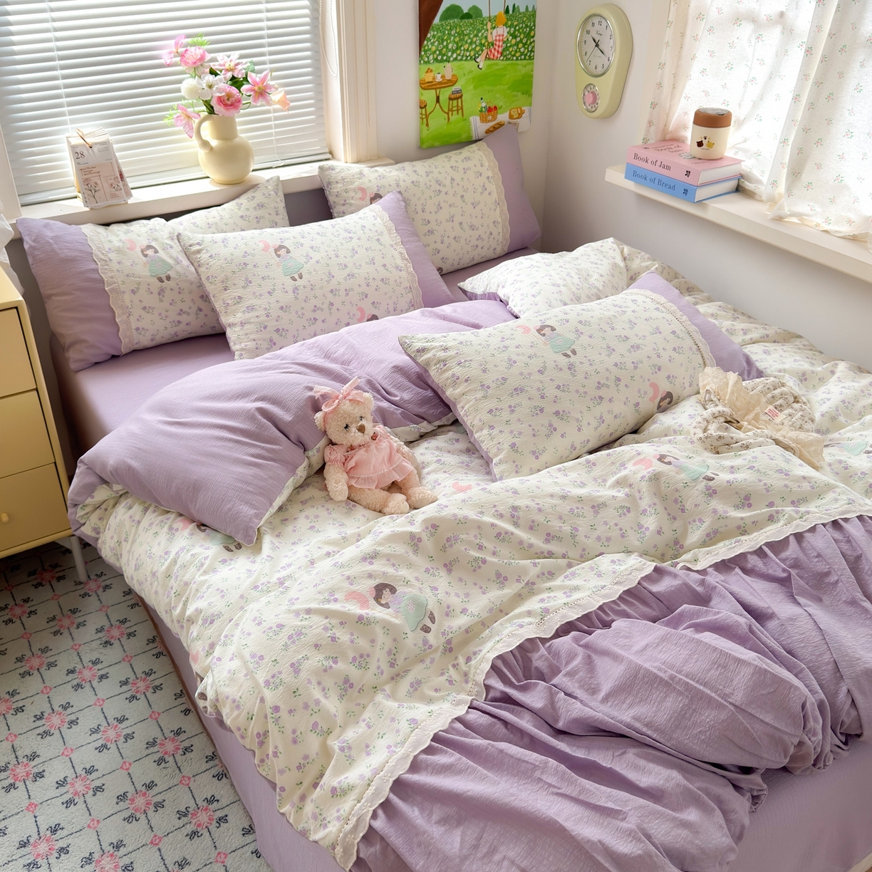 91家纺网 家纺一手货源 找家纺 典雅家纺 2025新款A类超柔双层纱四件套花边工艺款四件套 奶油公主