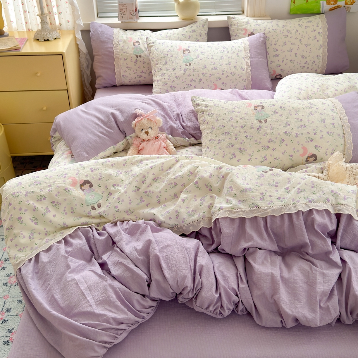 91家纺网 家纺一手货源 找家纺 典雅家纺 2025新款A类超柔双层纱四件套花边工艺款四件套 奶油公主