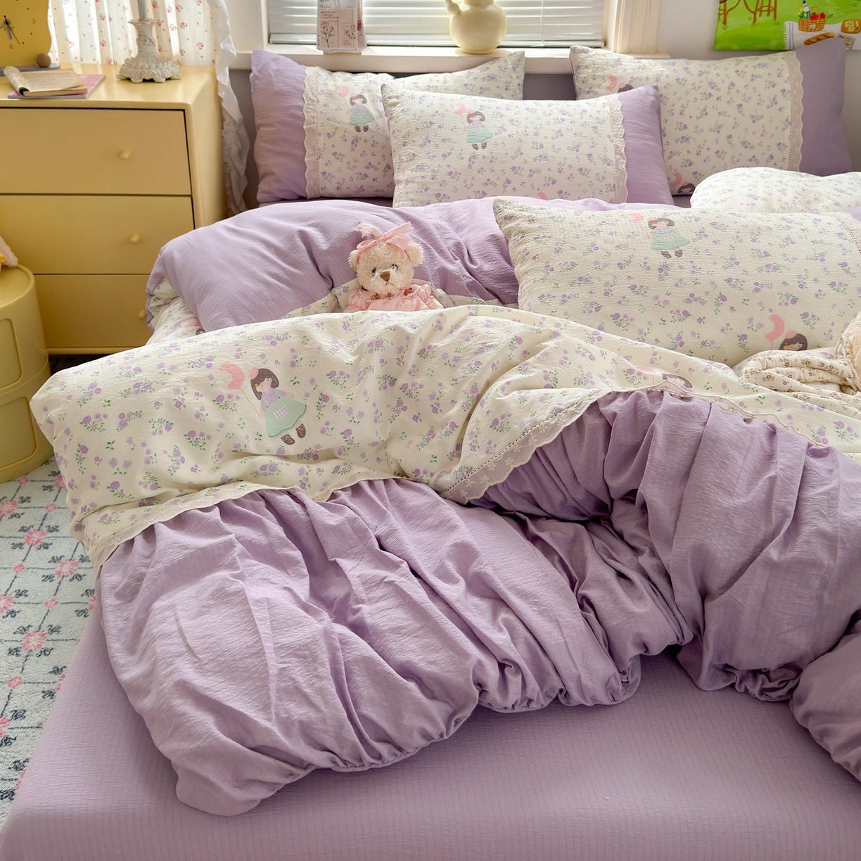 91家纺网 家纺一手货源 找家纺 典雅家纺 2025新款A类超柔双层纱四件套花边工艺款四件套 奶油公主