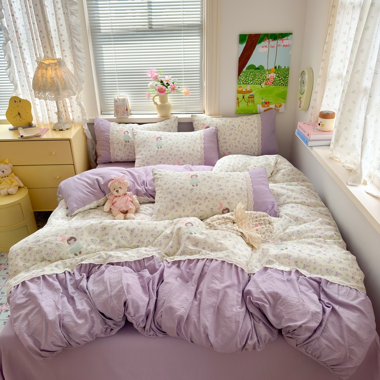 91家纺网 家纺一手货源 找家纺 典雅家纺 2025新款A类超柔双层纱四件套花边工艺款四件套 奶油公主