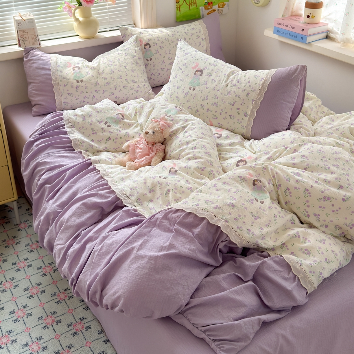 91家纺网 家纺一手货源 找家纺 典雅家纺 2025新款A类超柔双层纱四件套花边工艺款四件套 奶油公主