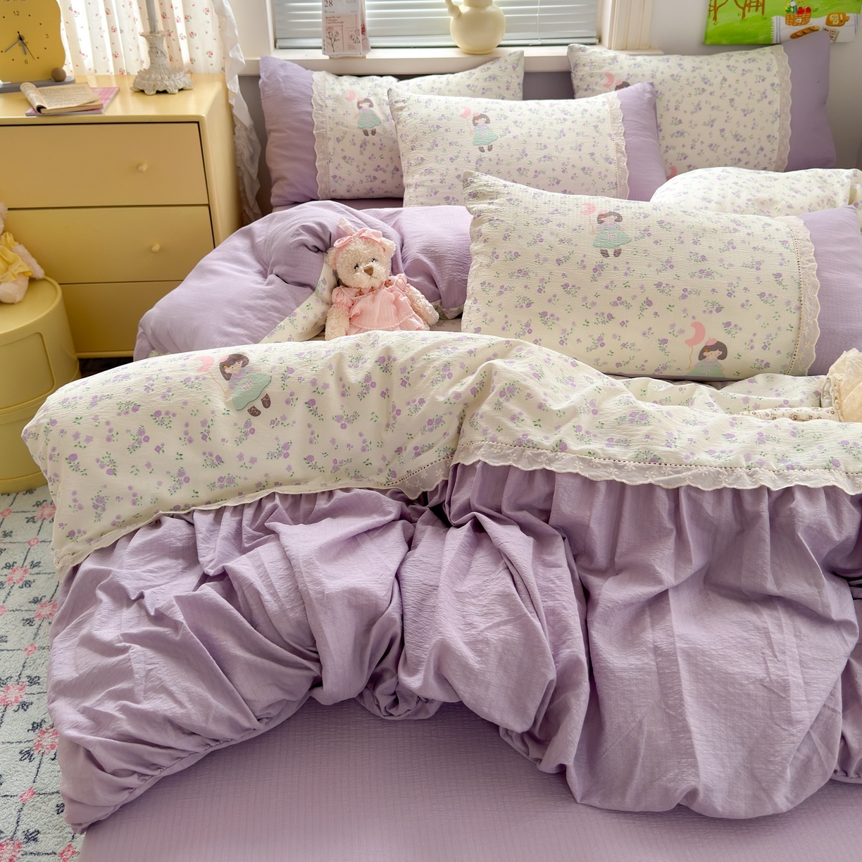 91家纺网 家纺一手货源 找家纺 典雅家纺 2025新款A类超柔双层纱四件套花边工艺款四件套 奶油公主