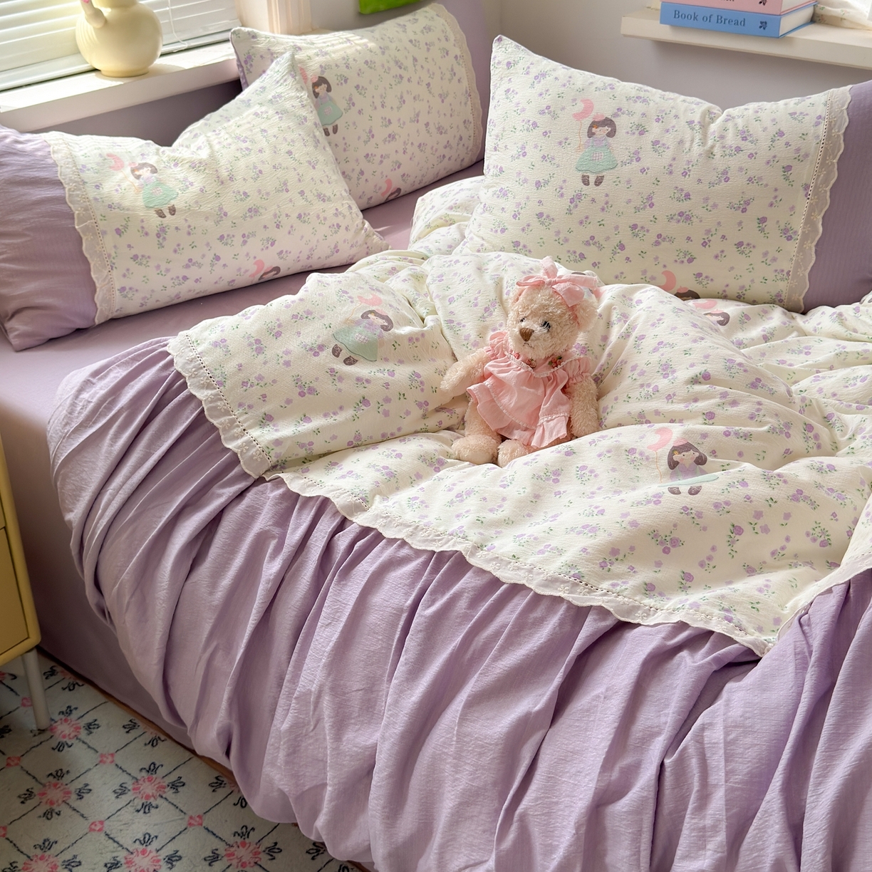 91家纺网 家纺一手货源 找家纺 典雅家纺 2025新款A类超柔双层纱四件套花边工艺款四件套 奶油公主