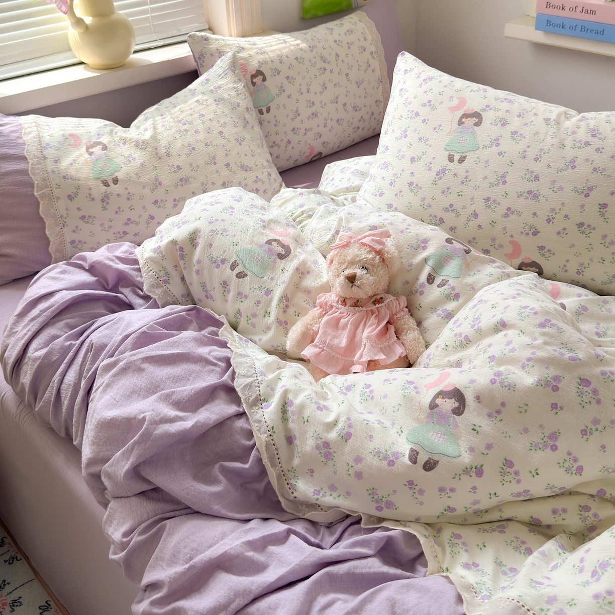 91家纺网 家纺一手货源 找家纺 典雅家纺 2025新款A类超柔双层纱四件套花边工艺款四件套 奶油公主