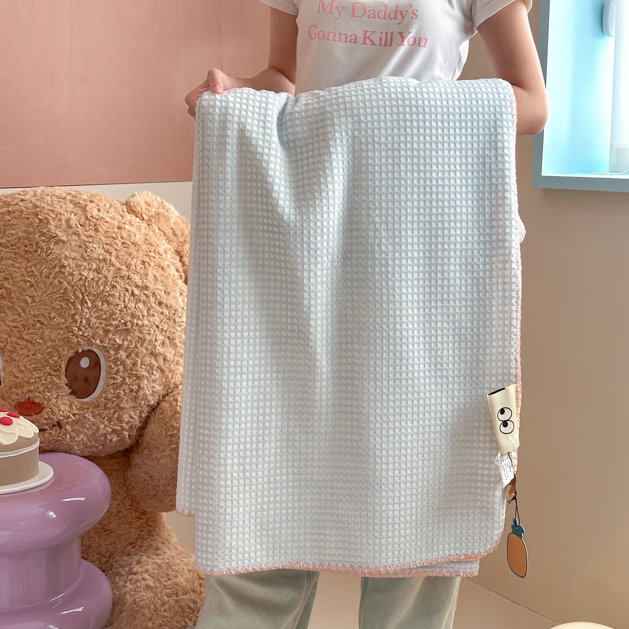 桃子家居 2025新款A类ins菠萝毯全消光烂花撞色华夫格三角针工艺加厚牛奶绒毛毯多功能毯 绒-菠萝毯蓝粉