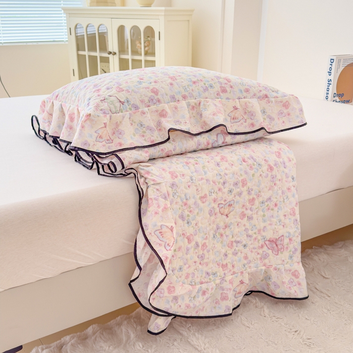 91家纺网 家纺一手货源 找家纺 999家纺 2025秋冬新款A类云感原麻双层纱床盖三件套四季通用炕盖夹棉床单床褥(提供买家秀) 蝶恋花【花边款】