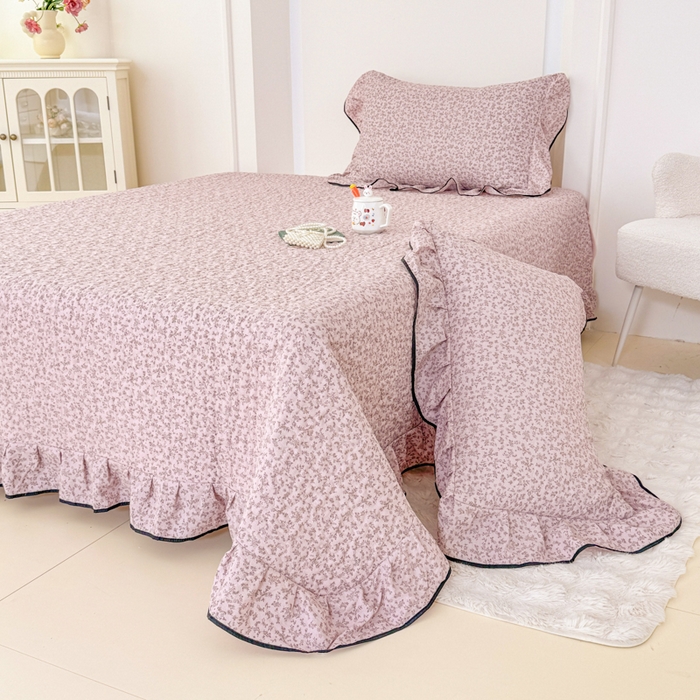 91家纺网 家纺一手货源 找家纺 999家纺 2025秋冬新款A类云感原麻双层纱床盖三件套四季通用炕盖夹棉床单床褥(提供买家秀) 慕情【花边款】