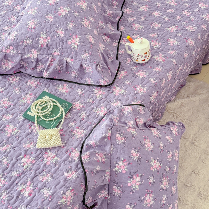 91家纺网 家纺一手货源 找家纺 999家纺 2025秋冬新款A类云感原麻双层纱床盖三件套四季通用炕盖夹棉床单床褥(提供买家秀) 紫韵【花边款】