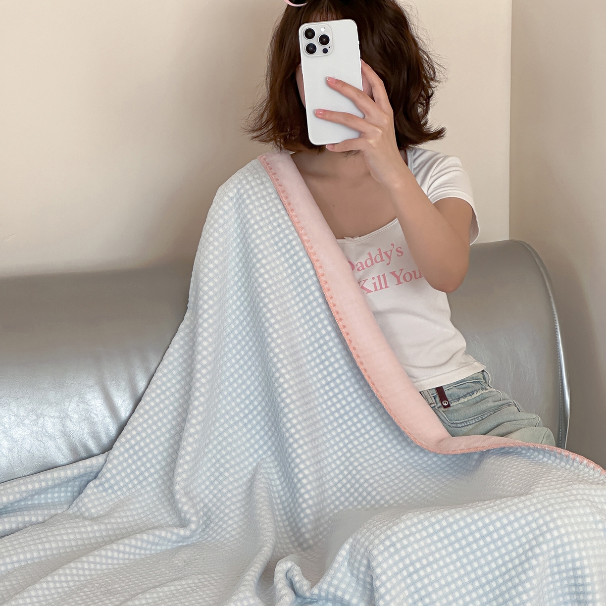 91家纺网 家纺一手货源 找家纺 桃子家居 2025新款A类ins菠萝毯全消光烂花撞色华夫格三角针工艺加厚牛奶绒毛毯多功能毯 绒-菠萝毯蓝粉