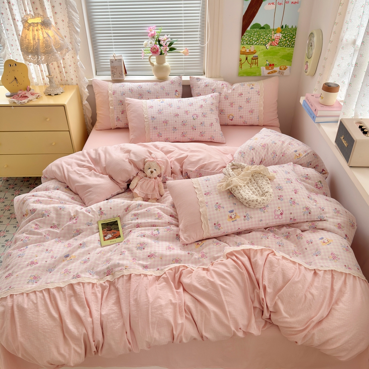 91家纺网 家纺一手货源 找家纺 典雅家纺 2025新款A类超柔双层纱四件套花边工艺款四件套 欧若拉