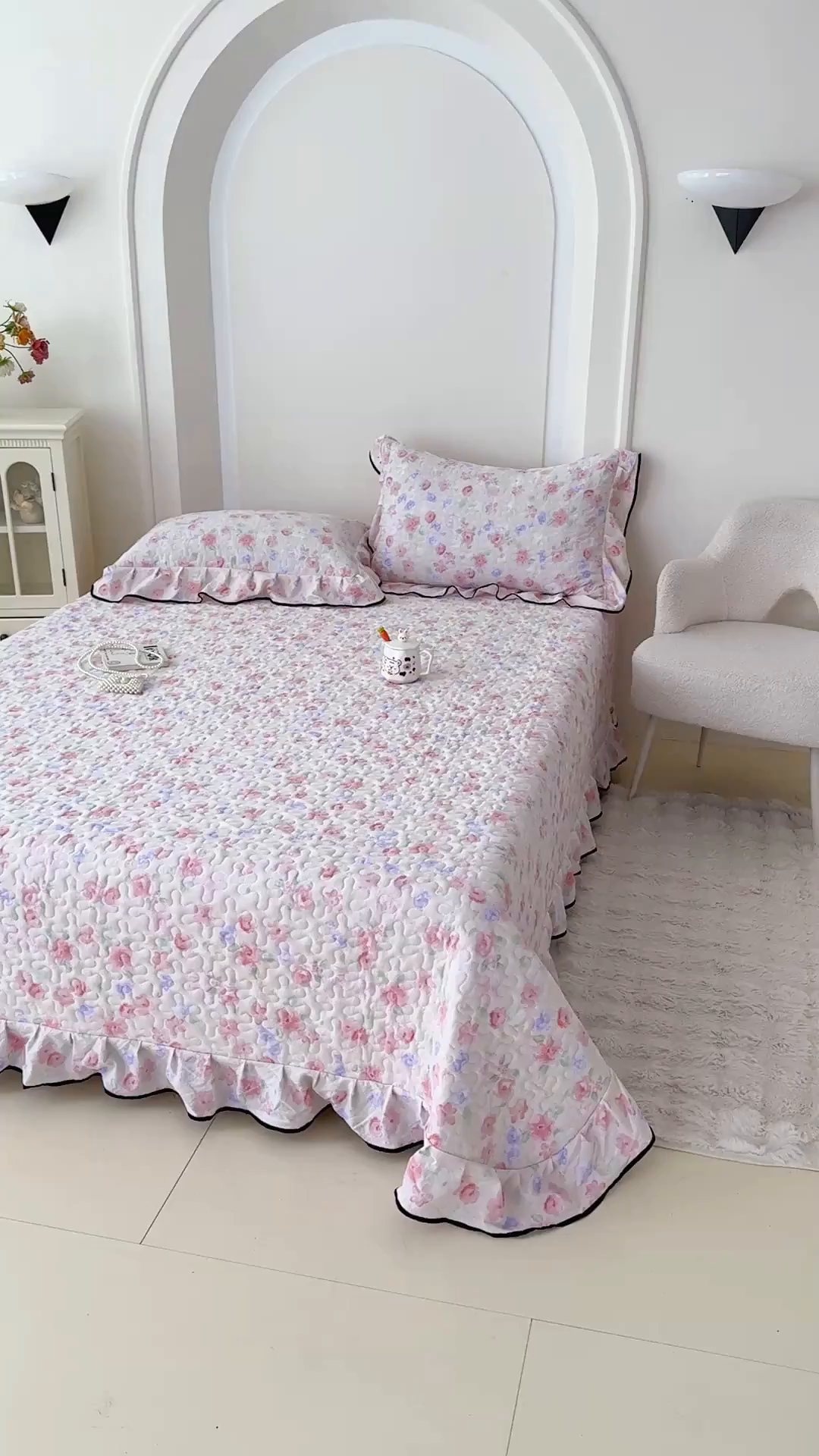 91家纺网 家纺一手货源 找家纺 999家纺 2025秋冬新款A类云感原麻双层纱床盖三件套四季通用炕盖夹棉床单床褥(提供买家秀) 漫花【花边款】