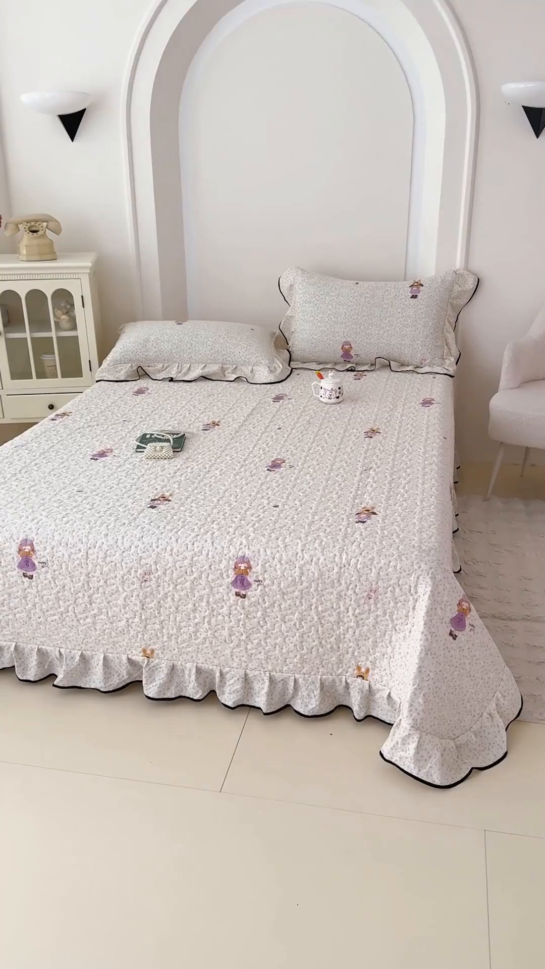 91家纺网 家纺一手货源 找家纺 999家纺 2025秋冬新款A类云感原麻双层纱床盖三件套四季通用炕盖夹棉床单床褥(提供买家秀) 寻梦粉【花边款】