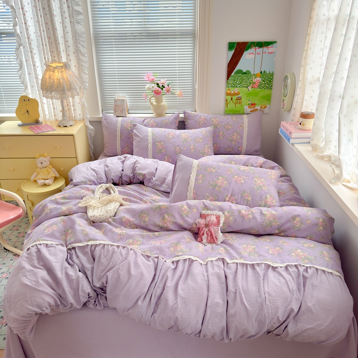 91家纺网 家纺一手货源 找家纺 典雅家纺 2025新款A类超柔双层纱四件套花边工艺款四件套 紫嫣