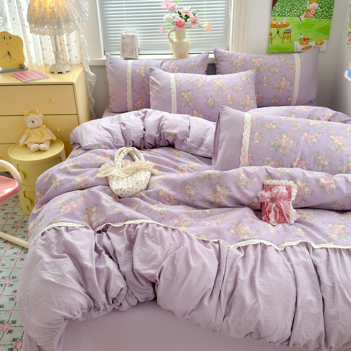典雅家纺 2025新款A类超柔双层纱四件套花边工艺款四件套 紫嫣