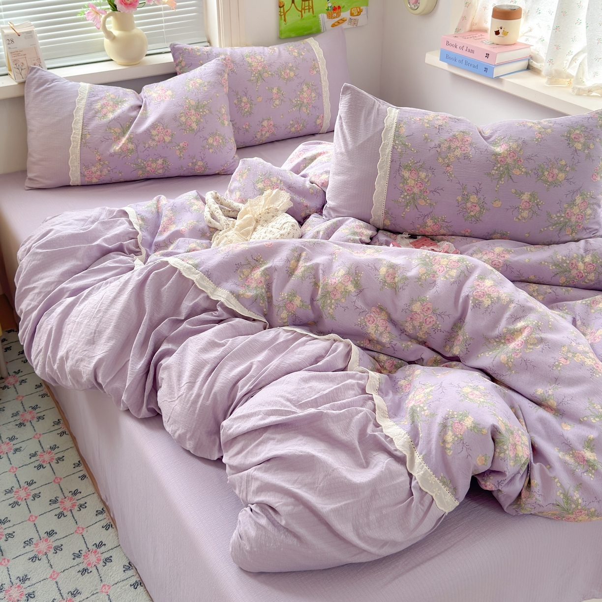 91家纺网 家纺一手货源 找家纺 典雅家纺 2025新款A类超柔双层纱四件套花边工艺款四件套 紫嫣