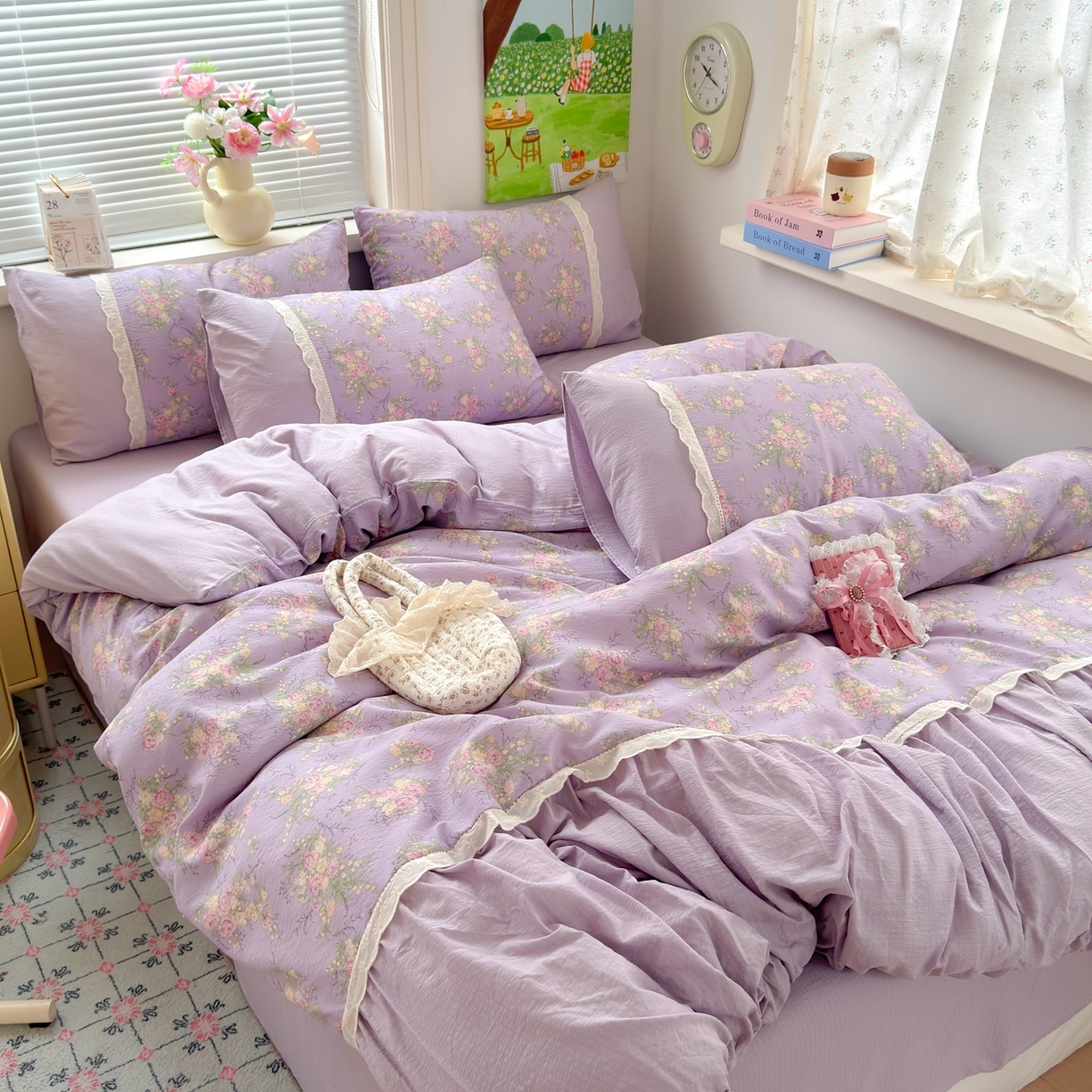 91家纺网 家纺一手货源 找家纺 典雅家纺 2025新款A类超柔双层纱四件套花边工艺款四件套 紫嫣