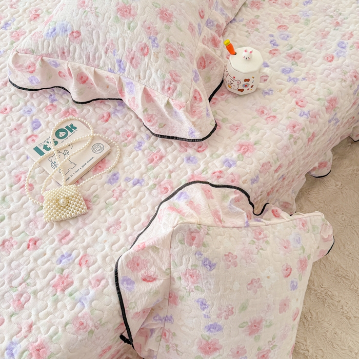 91家纺网 家纺一手货源 找家纺 999家纺 2025秋冬新款A类云感原麻双层纱床盖三件套四季通用炕盖夹棉床单床褥(提供买家秀) 漫花【花边款】