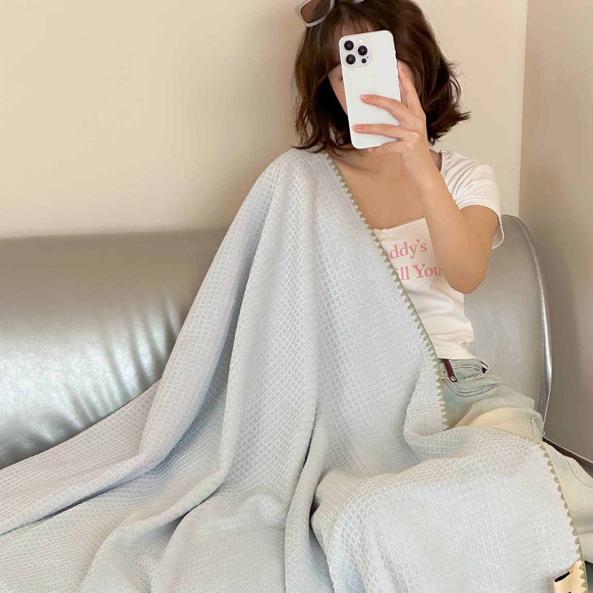 91家纺网 家纺一手货源 找家纺 桃子家居 2025新款A类ins菠萝毯全消光烂花撞色华夫格三角针工艺加厚牛奶绒毛毯多功能毯 绒-菠萝毯绿紫