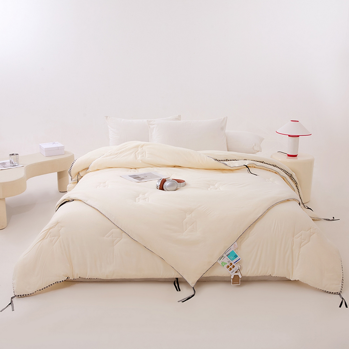 91家纺网 家纺一手货源 找家纺 VIP被业 2025新款千鸟格大豆子母被二合一四季被被子被芯 珍珠白