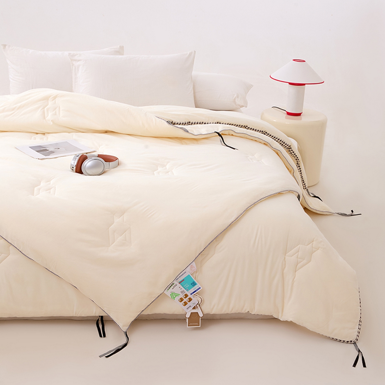 91家纺网 家纺一手货源 找家纺 VIP被业 2025新款千鸟格大豆子母被二合一四季被被子被芯 珍珠白