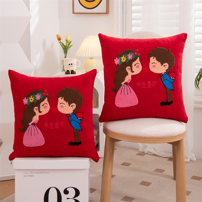 91家纺网 家纺一手货源 找家纺 （总）仁宇枕业 2025新款新品雪尼尔印花婚庆喜庆福喜新娘新郎抱枕靠枕靠垫腰枕头枕芯