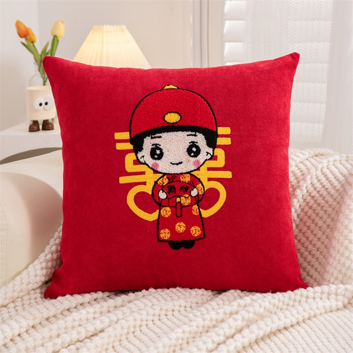 91家纺网 家纺一手货源 找家纺 （总）仁宇枕业 2025新款新品雪尼尔印花婚庆喜庆福喜新娘新郎抱枕靠枕靠垫腰枕头枕芯