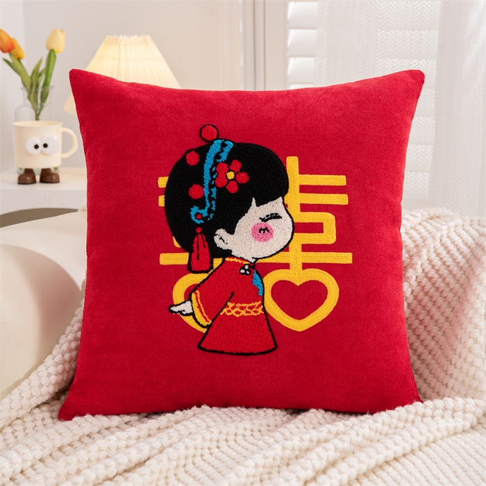 91家纺网 家纺一手货源 找家纺 （总）仁宇枕业 2025新款新品雪尼尔印花婚庆喜庆福喜新娘新郎抱枕靠枕靠垫腰枕头枕芯