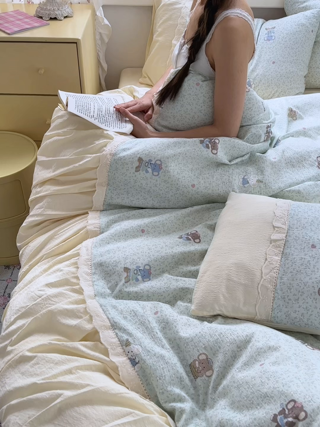 91家纺网 家纺一手货源 找家纺 典雅家纺 2025新款A类超柔双层纱四件套花边工艺款四件套 快乐小象