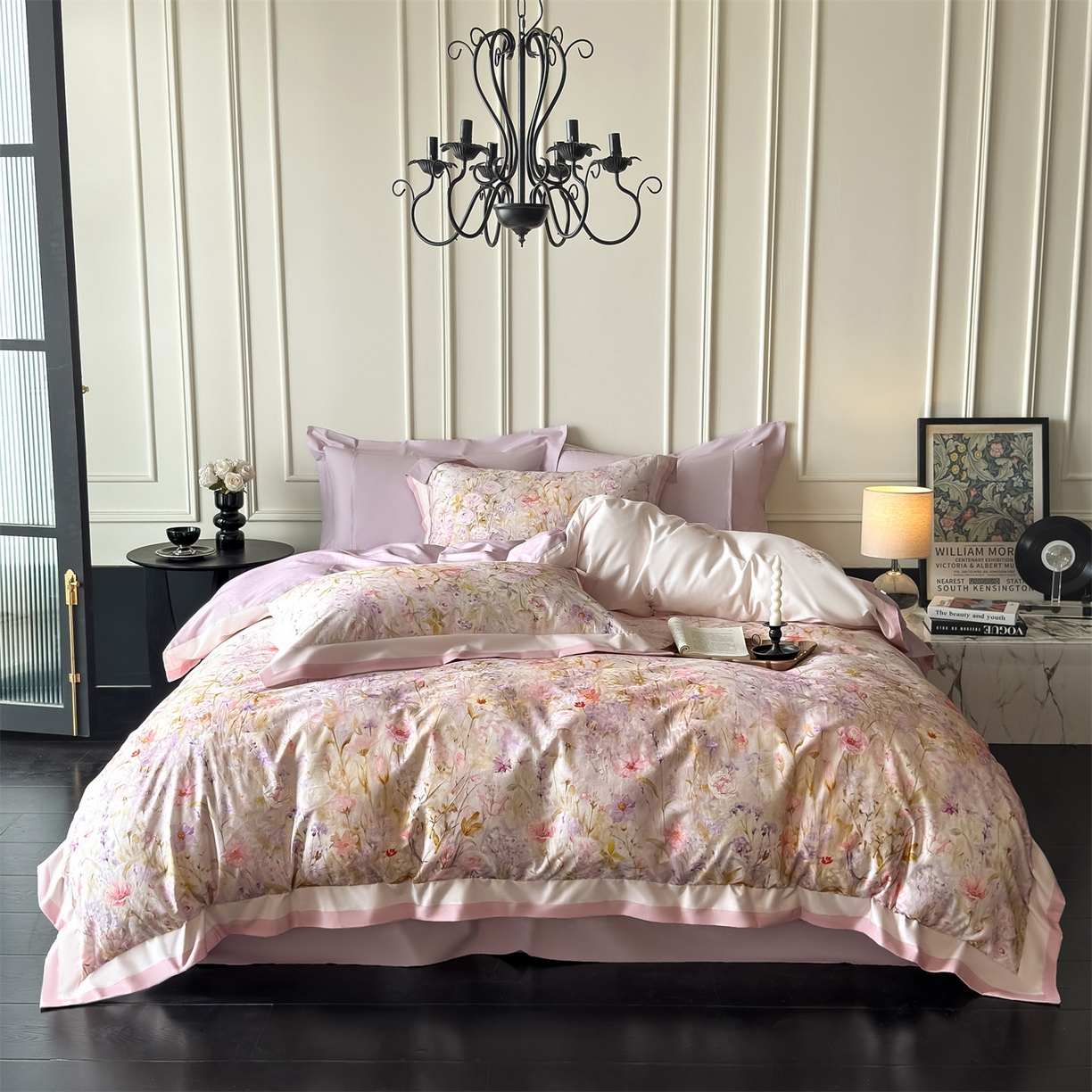 91家纺网 家纺一手货源 找家纺 朵希曼 2026新款全棉纯棉大版陶瓷磨毛四件套 兰亭幽香-粉玉