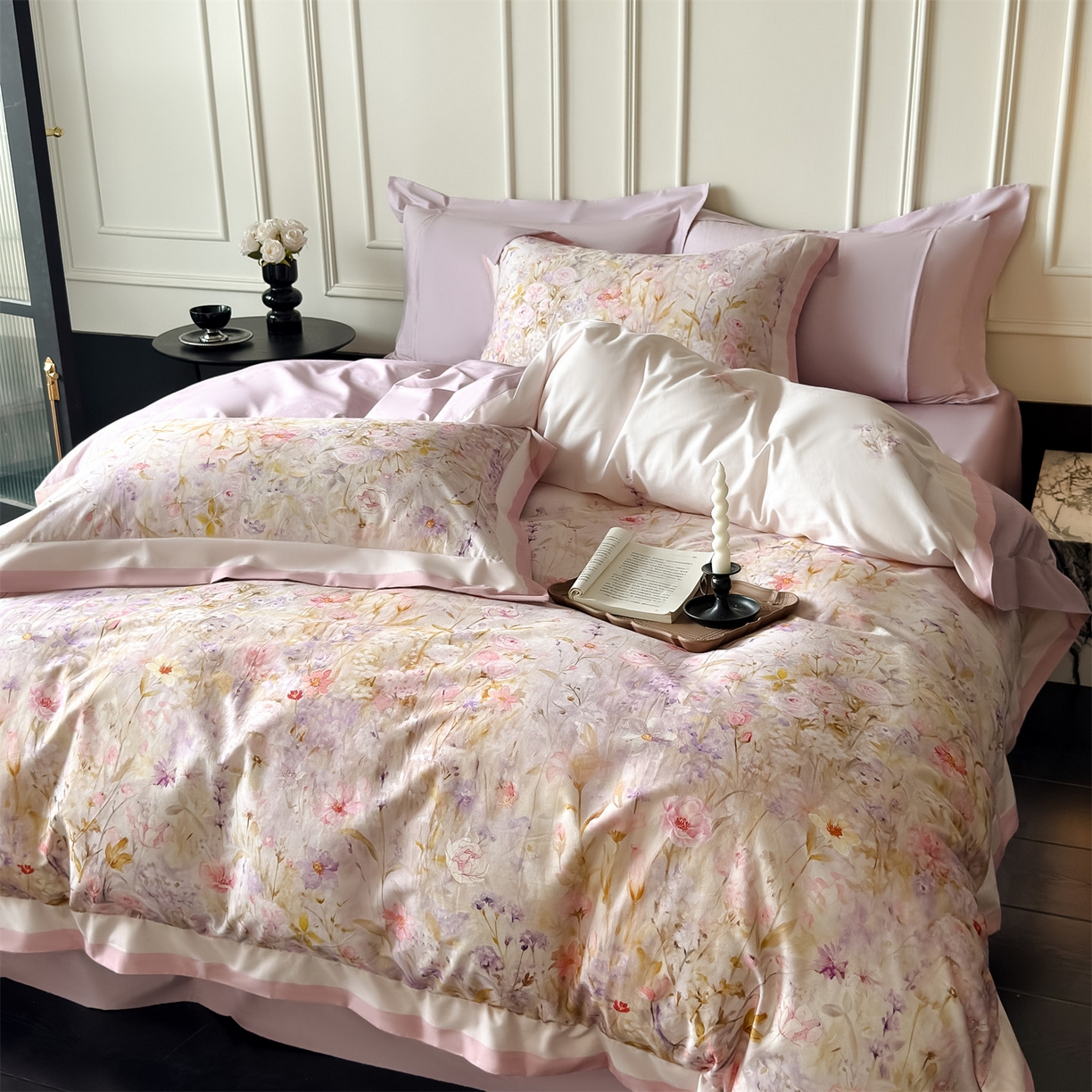 91家纺网 家纺一手货源 找家纺 朵希曼 2026新款全棉纯棉大版陶瓷磨毛四件套 兰亭幽香-粉玉