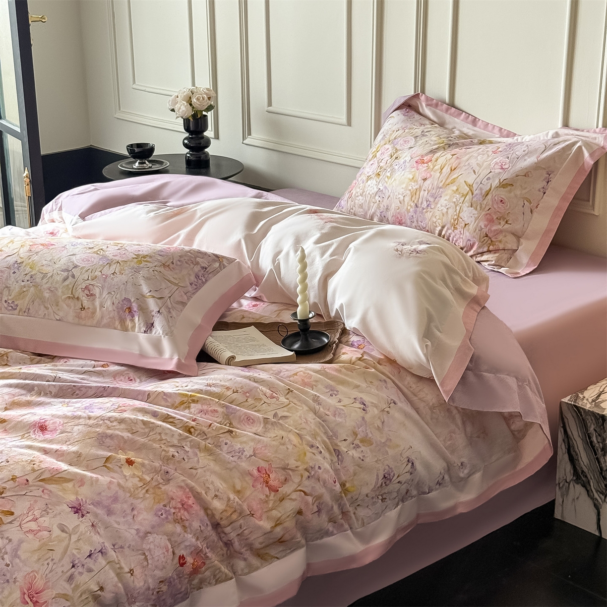 91家纺网 家纺一手货源 找家纺 朵希曼 2026新款全棉纯棉大版陶瓷磨毛四件套 兰亭幽香-粉玉