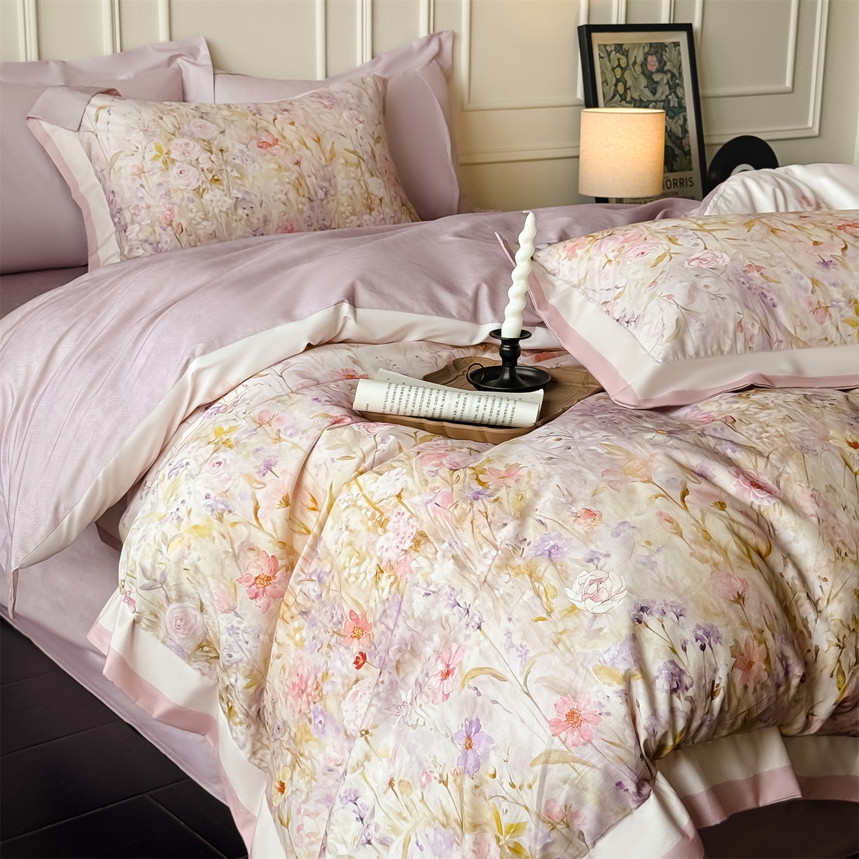 91家纺网 家纺一手货源 找家纺 朵希曼 2026新款全棉纯棉大版陶瓷磨毛四件套 兰亭幽香-粉玉