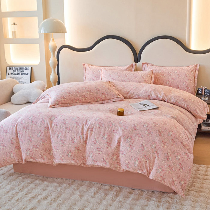 91家纺网 家纺一手货源 找家纺 首爱家纺 2025新款小清新全棉纯棉人字纹工艺款四件套 初晴花语