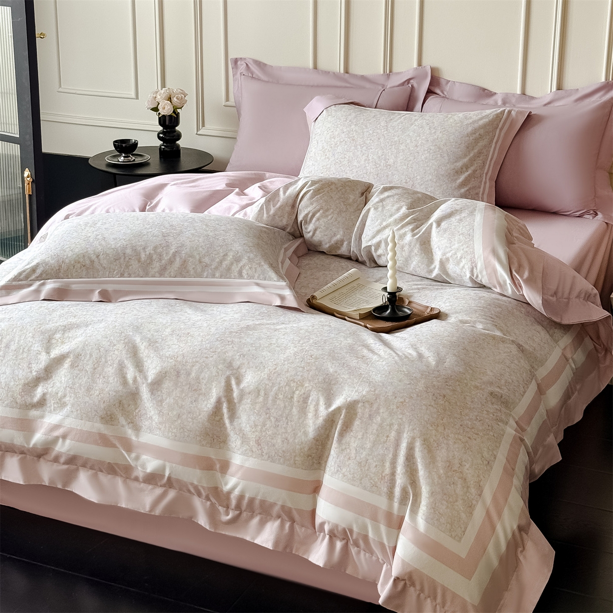 91家纺网 家纺一手货源 找家纺 朵希曼 2026新款全棉纯棉大版陶瓷磨毛四件套 若梦浮生-粉