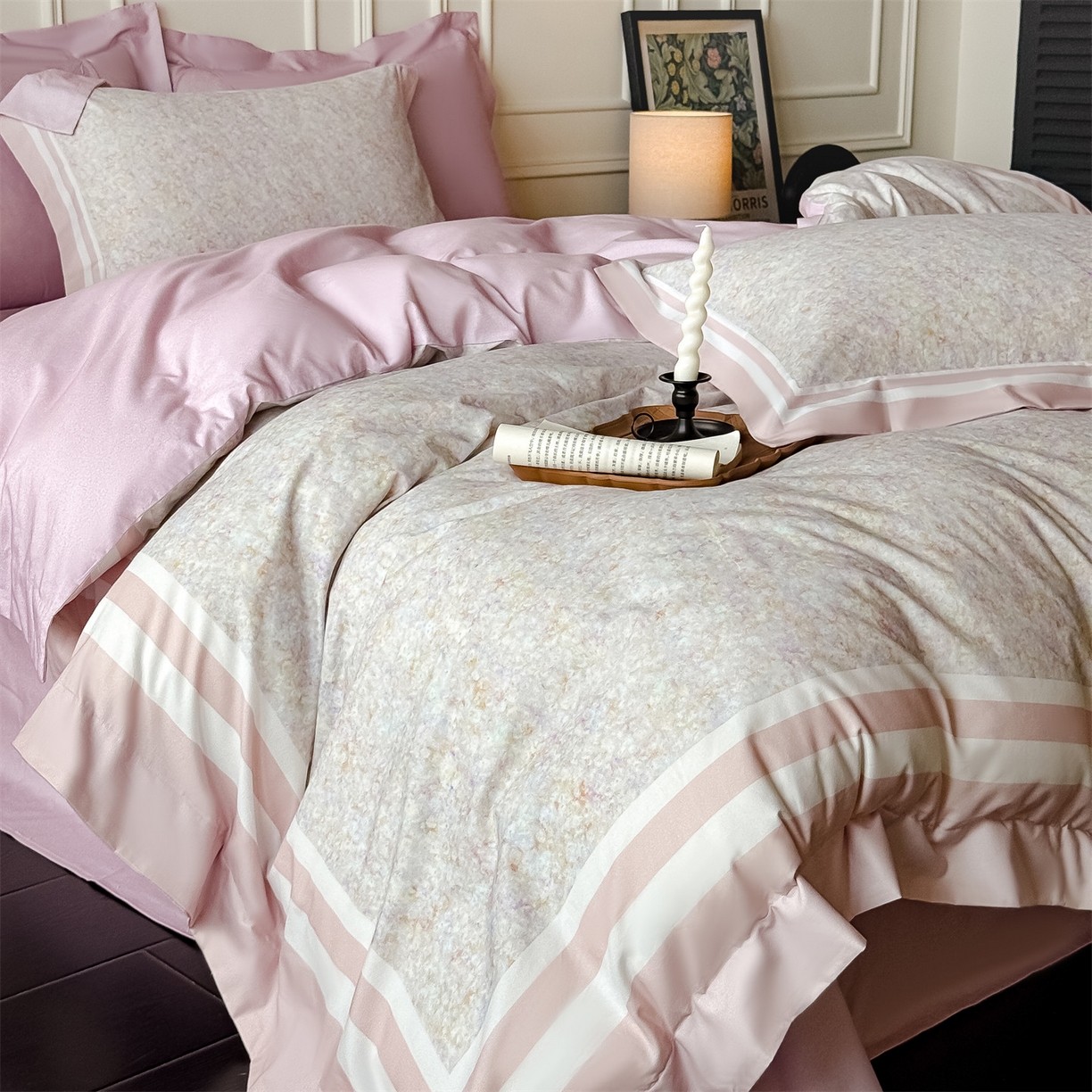 91家纺网 家纺一手货源 找家纺 朵希曼 2026新款全棉纯棉大版陶瓷磨毛四件套 若梦浮生-粉