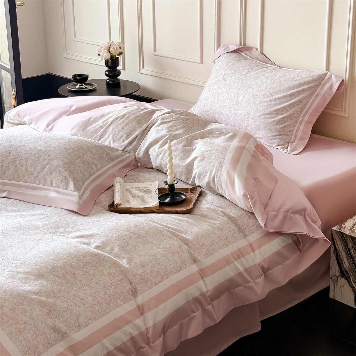 91家纺网 家纺一手货源 找家纺 朵希曼 2026新款全棉纯棉大版陶瓷磨毛四件套 若梦浮生-粉