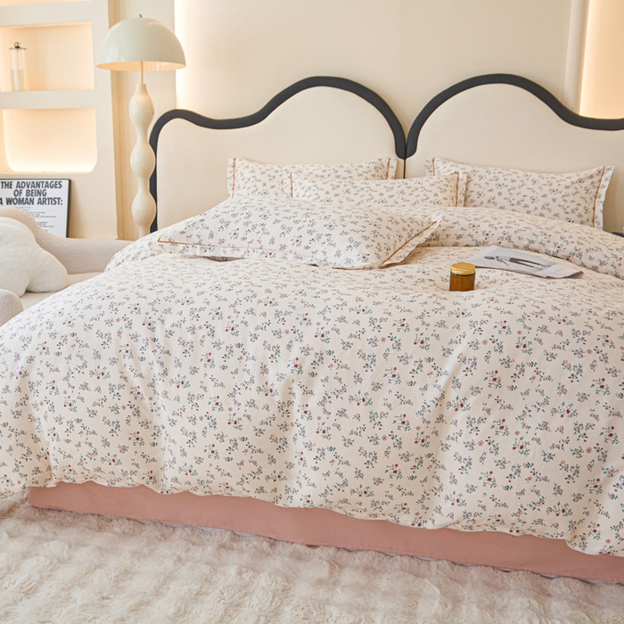 91家纺网 家纺一手货源 找家纺 首爱家纺 2025新款小清新全棉纯棉人字纹工艺款四件套 奶油小花