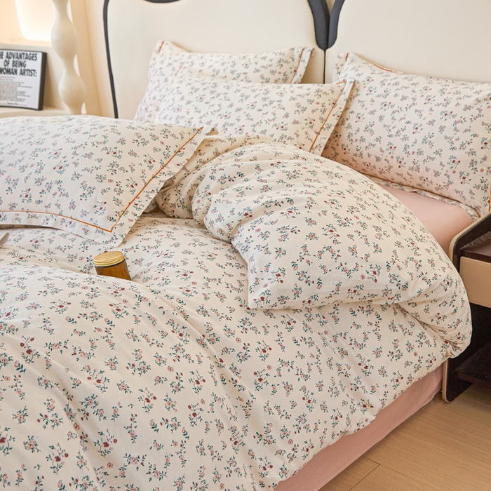 91家纺网 家纺一手货源 找家纺 首爱家纺 2025新款小清新全棉纯棉人字纹工艺款四件套 奶油小花