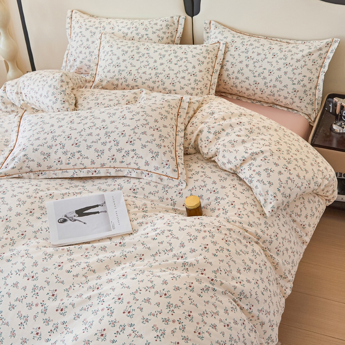 91家纺网 家纺一手货源 找家纺 首爱家纺 2025新款小清新全棉纯棉人字纹工艺款四件套 奶油小花