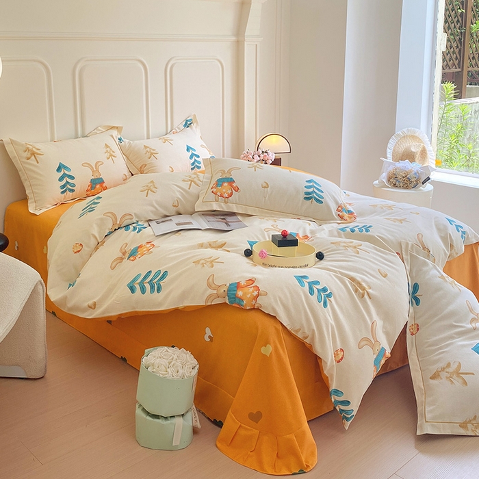 91家纺网 家纺一手货源 找家纺 梧桐树 2025新款轻奢新疆棉加厚磨毛四件套 森林小兔