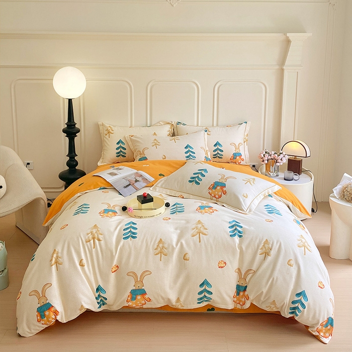 梧桐树 2025新款轻奢新疆棉加厚磨毛四件套 森林小兔