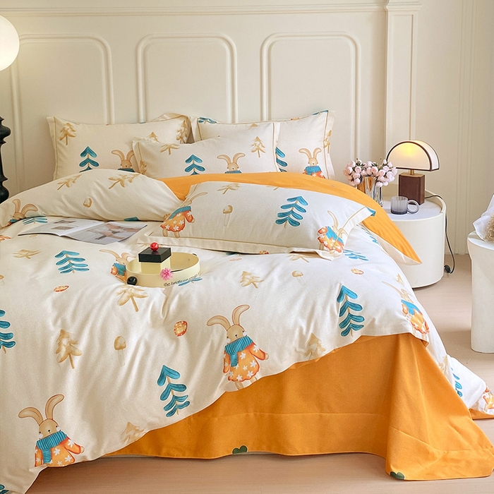 91家纺网 家纺一手货源 找家纺 梧桐树 2025新款轻奢新疆棉加厚磨毛四件套 森林小兔